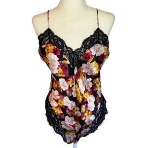 Vintage 1990s Floral Dream On Black Lace Snap Crotch Lingerie Body Suit Size Med